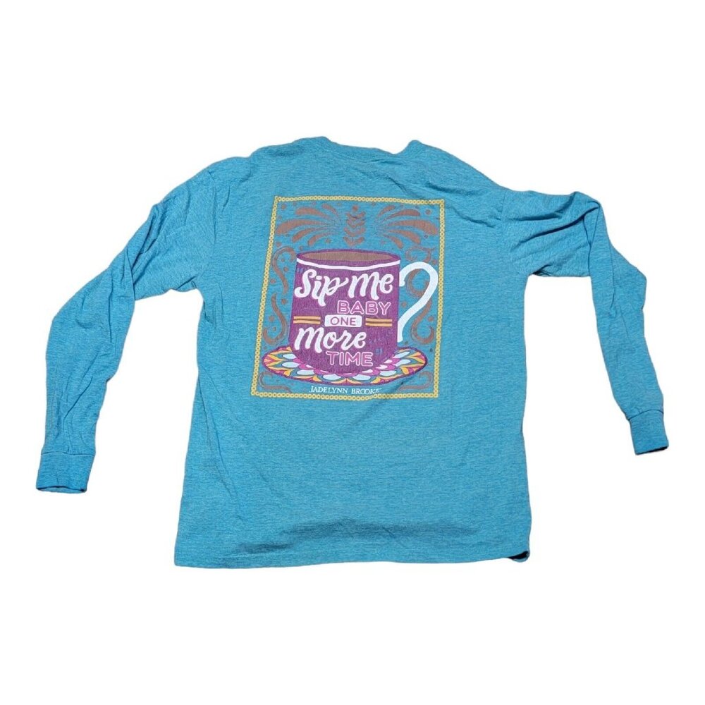 Jadelynn Brooke Blue Long Sleeve Shirt Sip Me Baby Coffee Graphic Size L